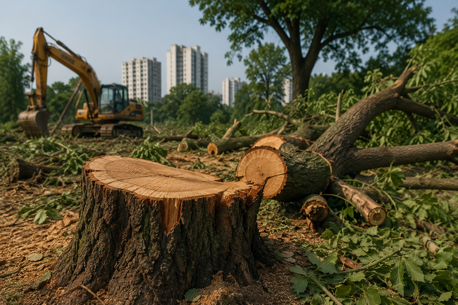 Punjab Illegal Tree Felling Environmental Concerns Freshly cut tree stumps and fallen logs lie near a development site as concerns grow over illegal tree felling and environmental degradation in Punjab.