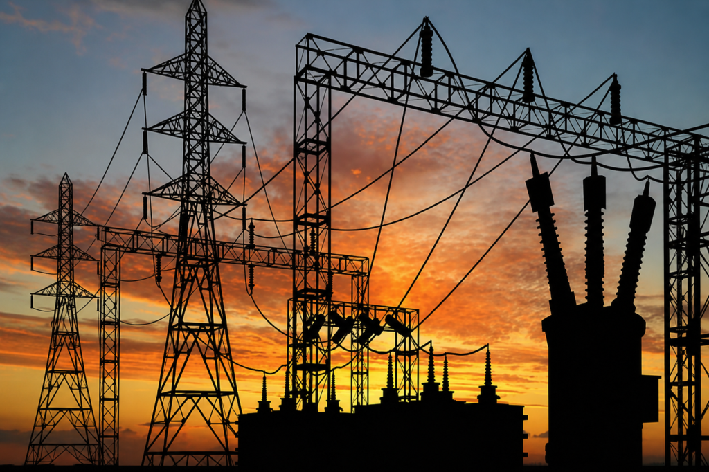 Punjab Power Supply Crisis – Electricity Transmission Network Electricity transmission towers and power lines against a sunset sky, representing a thermal power and electricity supply situation.