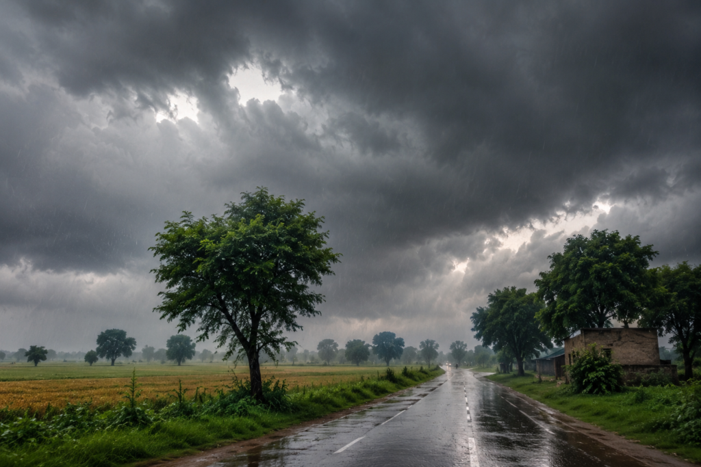Dark storm clouds gather over rural Punjab as rain falls across agricultural fields and a wet countryside road during changing weather conditions.
