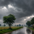 Dark storm clouds gather over rural Punjab as rain falls across agricultural fields and a wet countryside road during changing weather conditions.