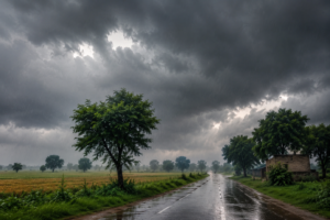 Dark storm clouds gather over rural Punjab as rain falls across agricultural fields and a wet countryside road during changing weather conditions.