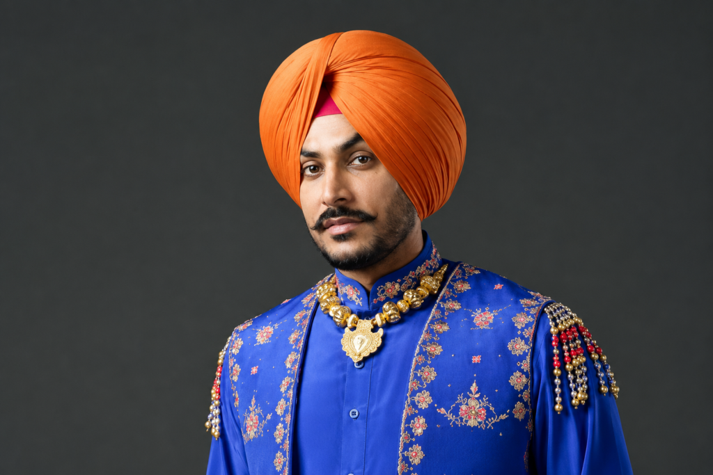 Rajvir Jawanda in traditional royal Punjabi attire with an orange turban and blue embroidered sherwani.