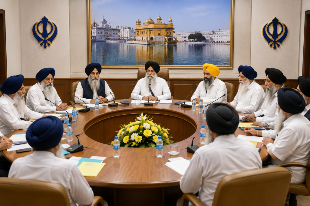 SGPC Executive Committee members hold a formal meeting at the SGPC headquarters in Amritsar, discussing important Panthic and administrative matters around a conference table.