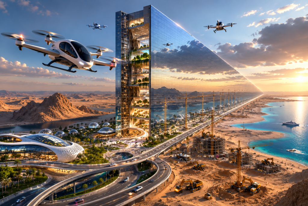 Saudi-Arabia-NEOM-The-Line-Megacity Futuristic NEOM city in Saudi Arabia featuring a massive mirrored skyscraper across the desert with advanced urban infrastructure