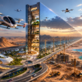 Futuristic NEOM city in Saudi Arabia featuring a massive mirrored skyscraper across the desert with advanced urban infrastructure