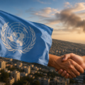 United Nations flag and symbolic handshake representing peace efforts and diplomatic dialogue in Lebanon amid regional tensions