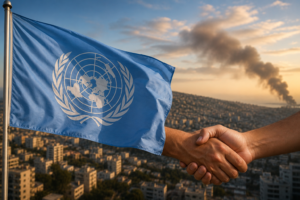 United Nations flag and symbolic handshake representing peace efforts and diplomatic dialogue in Lebanon amid regional tensions