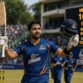 Strikers batter Nehal raises his bat after scoring a brilliant century, leading his team to victory in the Chandigarh Premier League.
