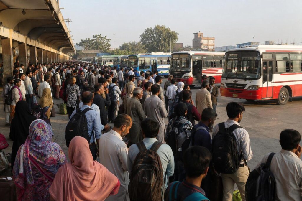 Commuters Stranded as Punjab Buses Stay Off Roads Passengers wait at crowded bus stands across Punjab amid widespread disruption of public bus services and travel delays.