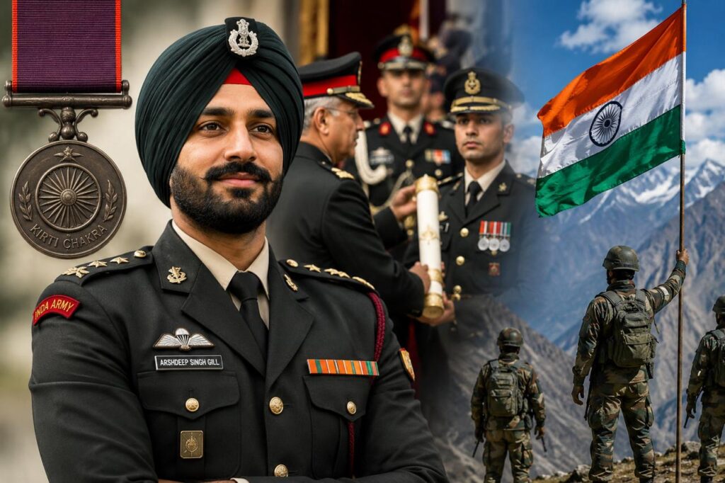 Major Arshdeep Singh Gill of Mohali receives the Kirti Chakra, one of India’s highest peacetime gallantry awards, for exceptional bravery and service.