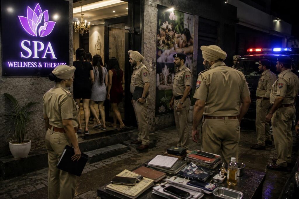 Police Raid at Spa Centre on Zirakpur VIP Road Police officials conduct a raid at a spa centre on VIP Road in Zirakpur following allegations of an illegal flesh trade operation.