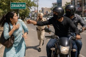 Police investigate a gold chain snatching incident in Zirakpur after unidentified motorcycle-borne suspects fled the scene following the theft.