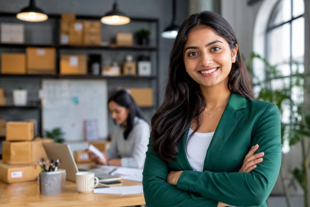 Women Shaping Tomorrow Young woman entrepreneur in a professional office, symbolizing women-led business success and innovation.