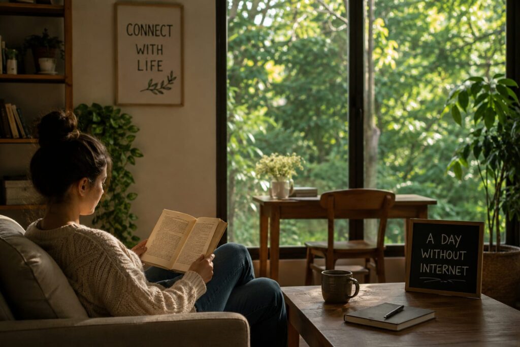 A Day Without Internet: Life in a Disconnected World People spending time together offline, reading books, talking face-to-face, and enjoying outdoor activities during a day without internet access in a disconnected world.
