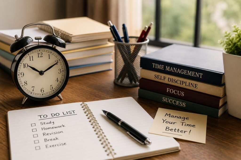 Time Management for Students concept showing a study desk with books, a planner, an alarm clock and organized study materials.