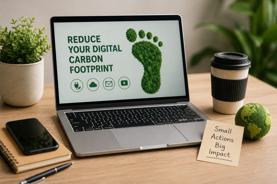 Green Technology A Laptop on a desk with eco-friendly elements representing digital carbon footprint, sustainable technology, and environmental awareness.