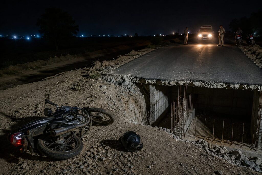 Biker dies after falling from an unfinished road stretch near Haryana–UP border amid alleged safety lapses