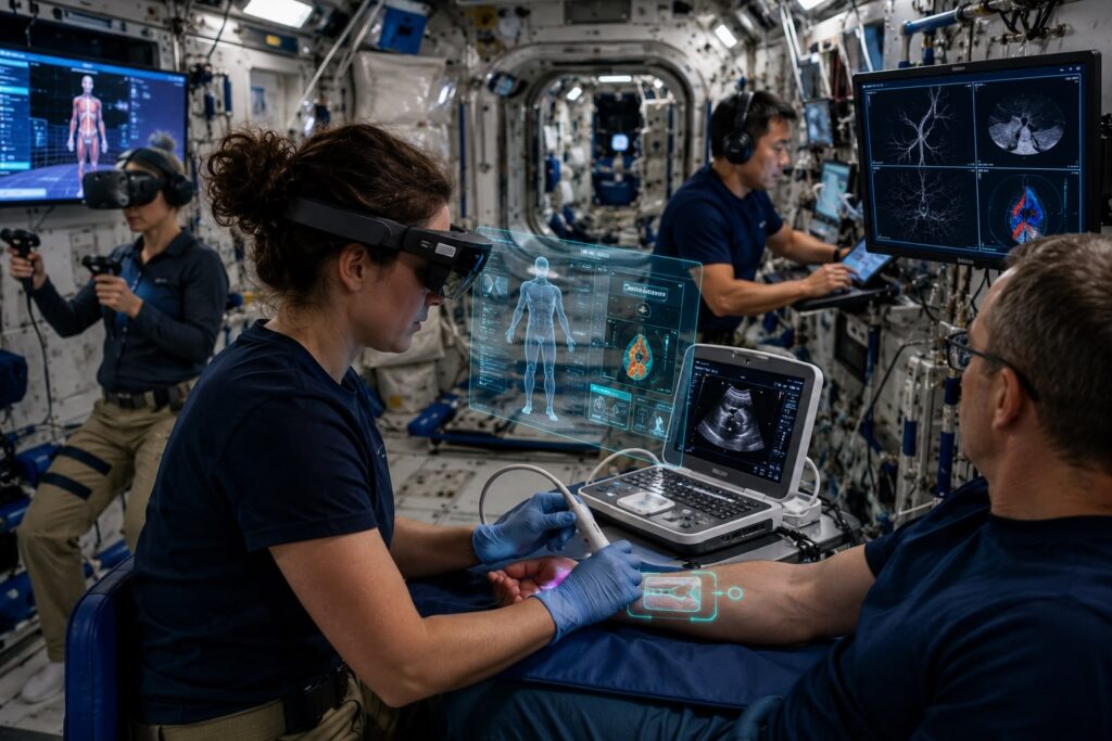 SS astronauts test AR, VR, and AI-powered tools to advance space healthcare research.