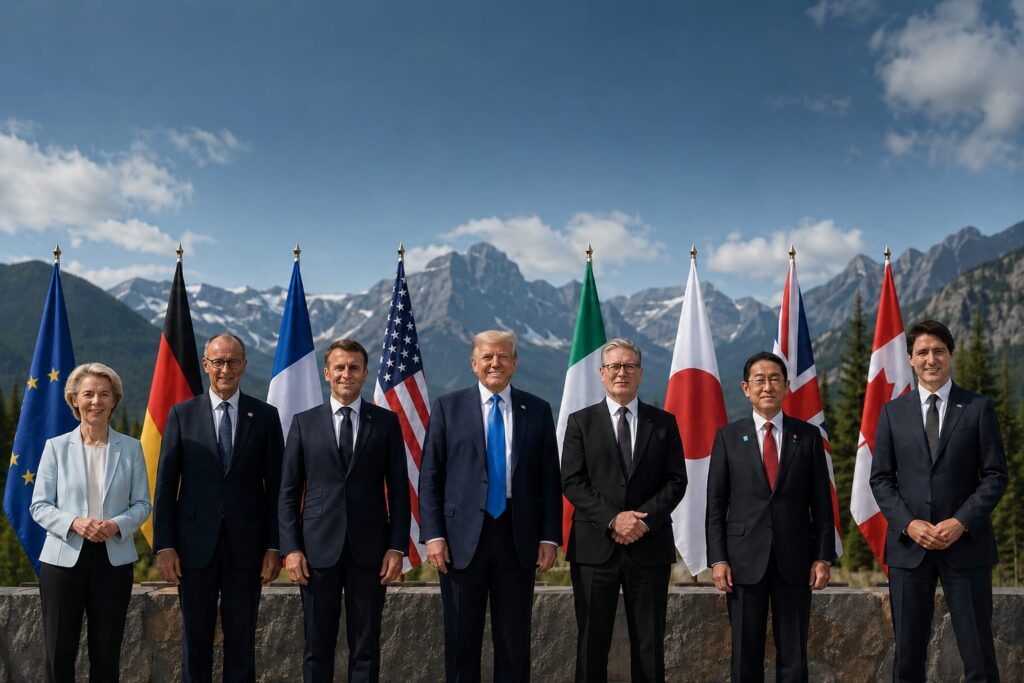 G7 SUMMIT G7 leaders pose for a group photo during the summit as discussions focus on a major U.S.-Iran peace breakthrough and global security challenges.