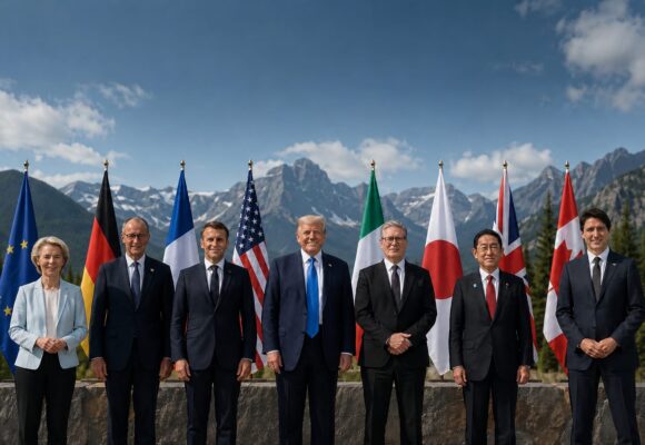 G7 leaders pose for a group photo during the summit as discussions focus on a major U.S.-Iran peace breakthrough and global security challenges.