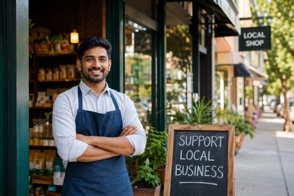This image highlights the importance of small businesses by showcasing a local entrepreneur and a welcoming storefront. It represents entrepreneurship, job creation, community support, and the vital role small businesses play in driving economic growth and local development.