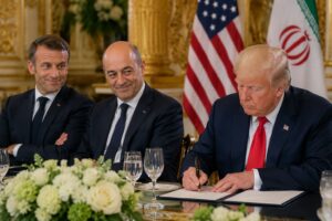 Viral moment at Versailles ceremony fuels online speculation amid landmark U.S.-Iran agreement.