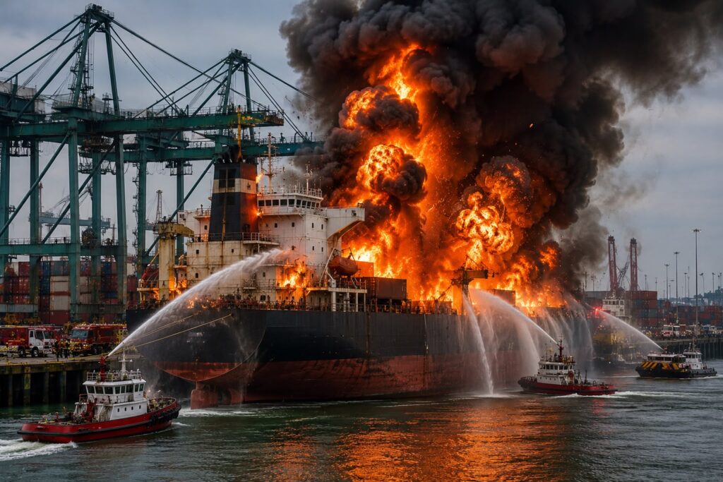 Massive firefighting operation launched as explosions and intense blaze engulf vessel at one of America’s busiest ports. Massive firefighting operation launched as explosions and intense blaze engulf vessel at one of America’s busiest ports.