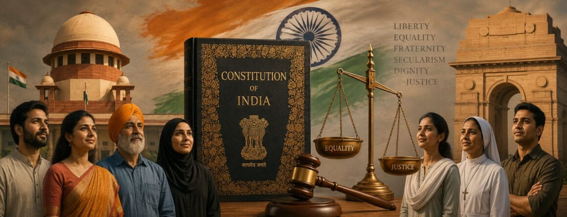 indian constitution book with justice scale symbolizing impact on religion the impact of constitution on india