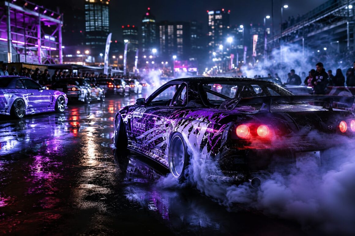 Modified sports cars performing a high-speed drift at night, surrounded by tire smoke, neon city lights, and cheering spectators, representing global drifting culture and motorsport passion.