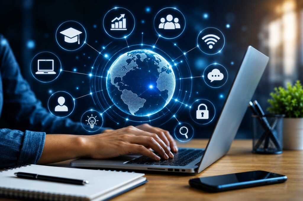 Illustration of a person using a laptop surrounded by digital icons symbolizing digital literacy, education, internet safety, and technology.