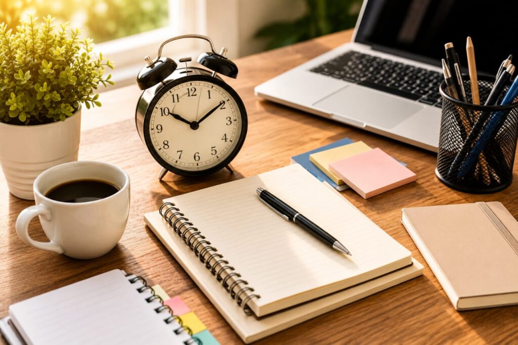 WhatsApp Image 2026-06-24 at 11.11.08 AM A person planning daily tasks with a notebook, calendar, clock, and laptop, representing smart time management and productivity through effective time saving hacks.