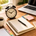 A person planning daily tasks with a notebook, calendar, clock, and laptop, representing smart time management and productivity through effective time saving hacks.