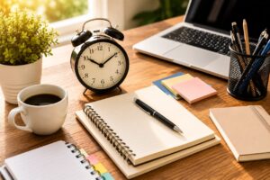 A person planning daily tasks with a notebook, calendar, clock, and laptop, representing smart time management and productivity through effective time saving hacks.
