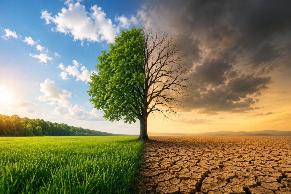 Climate Change: A Global Challenge A split landscape illustrating climate change, featuring a single tree with one side green and healthy and the other side dry and leafless, dividing a lush grassy field and cracked barren land under contrasting skies.