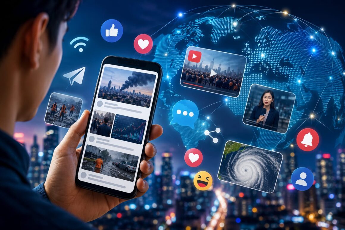 Young person holding a smartphone displaying a digital news feed while surrounded by social media-inspired notifications and global communication elements, illustrating how social platforms have become a major source of news and information in the modern digital world.