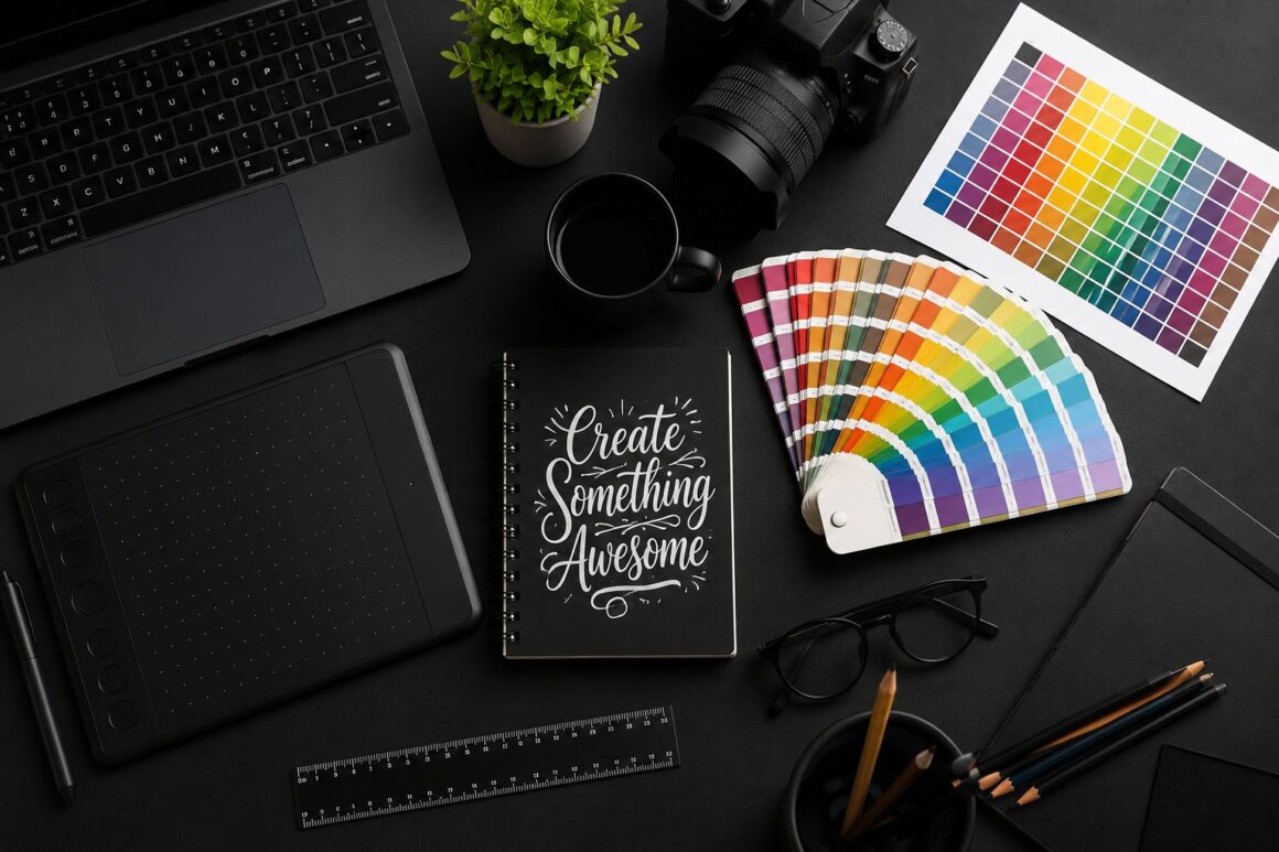 A modern creative workspace flat lay featuring a laptop, drawing tablet, camera, color swatches, notebook, coffee cup, pencils, and design tools arranged on a dark desk.