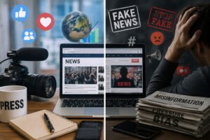 Digital journalism concept showing its benefits and challenges, including online news sharing, global reach, and misinformation risks
