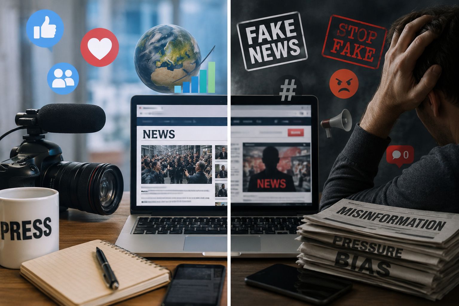 Benefits and Challenges of Digital Journalism Digital journalism concept showing its benefits and challenges, including online news sharing, global reach, and misinformation risks