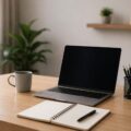 A modern workspace featuring a laptop, notebook, coffee mug, pencil holder, and small plant on a wooden desk, illuminated by soft natural light in a clean and organized home office setting.