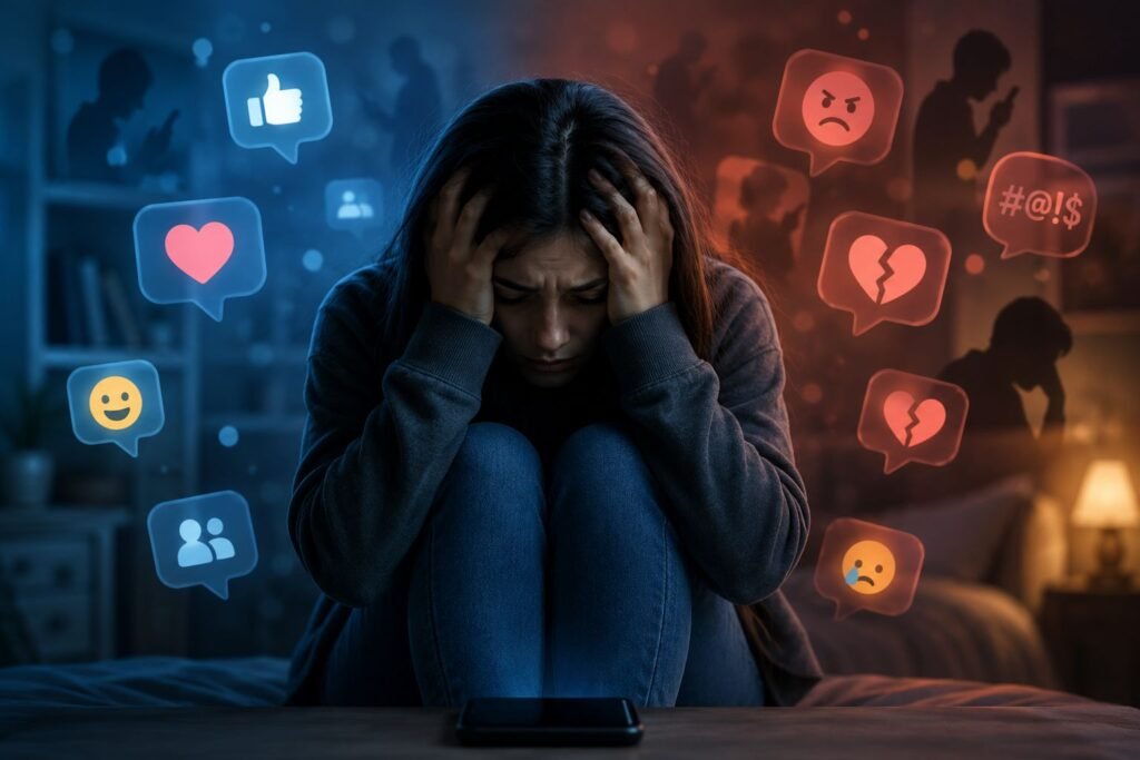 The impact of social media on mental health Person sitting alone while looking at a smartphone, surrounded by subtle digital social media elements and notifications, representing the influence of social media on mental health, emotional well-being, online connectivity, and digital lifestyle in the modern world.