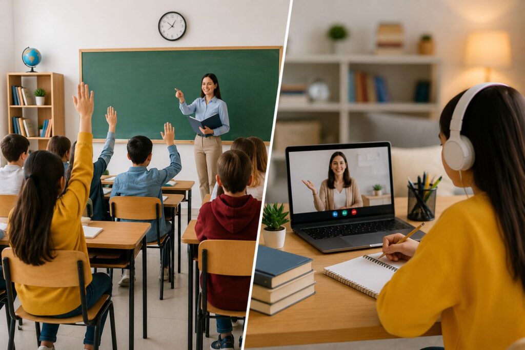 Is Online Learning Better Than Traditional Learning ? Comparison of online learning and traditional classroom education, showing students in a physical classroom and a virtual learning environment.