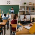Comparison of online learning and traditional classroom education, showing students in a physical classroom and a virtual learning environment.