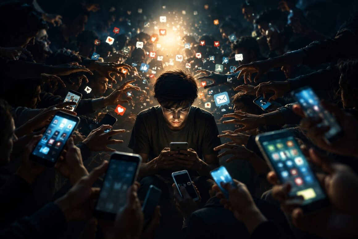 A person illuminated by a smartphone screen sits at the center of a crowd surrounded by glowing digital devices and notifications, symbolizing the constant competition for attention in the online world.