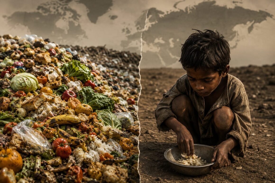A powerful split-scene image showing large amounts of discarded food waste on one side and a hungry child with a nearly empty bowl on the other, highlighting the stark contrast between food abundance and global hunger.