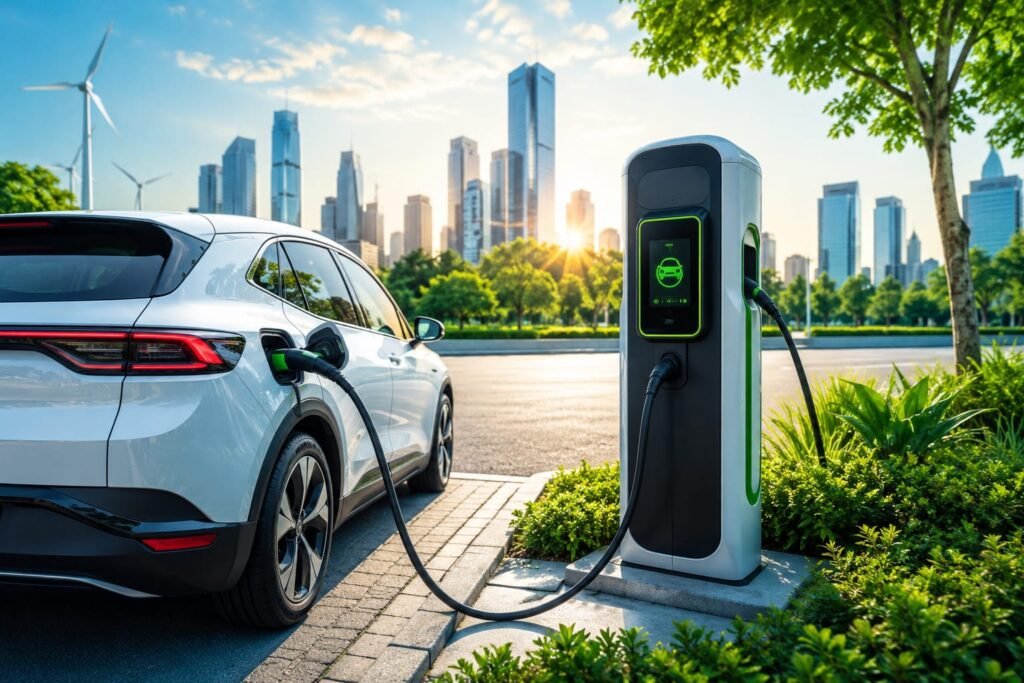 The Growing Popularity of Electric Vehicles Modern electric vehicles charging at a public charging station with a clean urban skyline and green surroundings, representing sustainable transportation