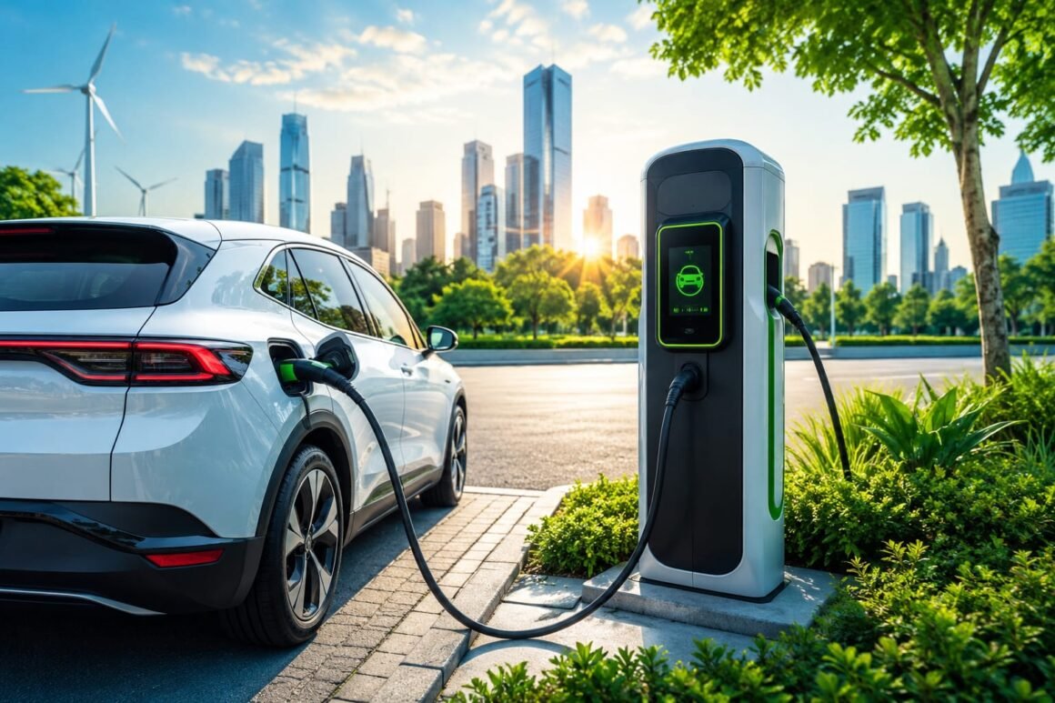 The Growing Popularity of Electric Vehicles Modern electric vehicles charging at a public charging station with a clean urban skyline and green surroundings, representing sustainable transportation