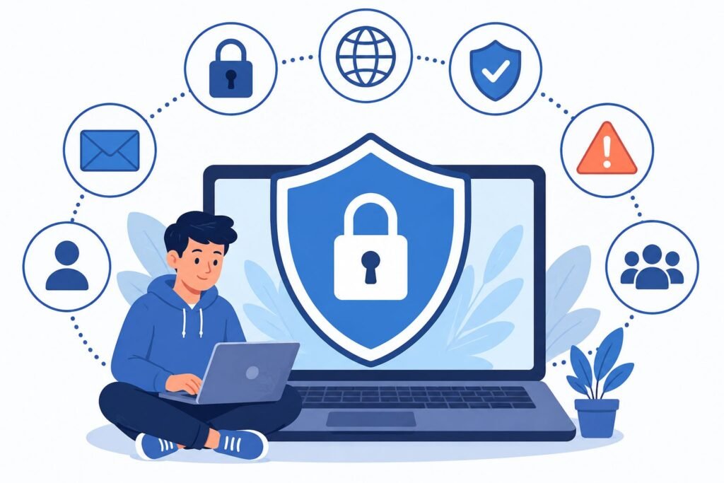 Staying Safe online Student using a laptop with cybersecurity shield and online safety icons.