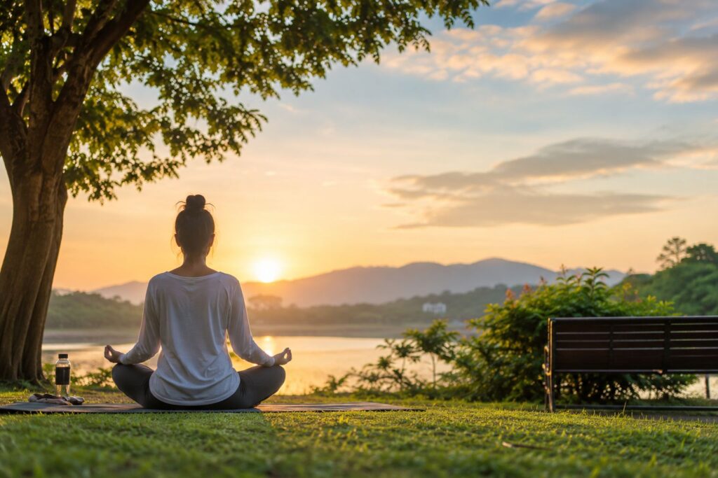 A calm outdoor scene with a person relaxing in nature, symbolizing mental peace and emotional well-being.