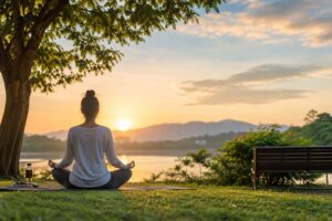 A calm outdoor scene with a person relaxing in nature, symbolizing mental peace and emotional well-being.