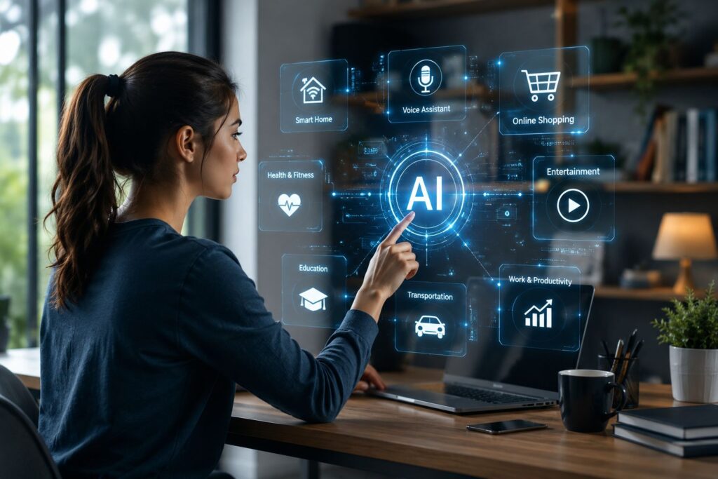 A modern workspace featuring a holographic AI interface, digital data visualizations, and a person interacting with advanced technology.
